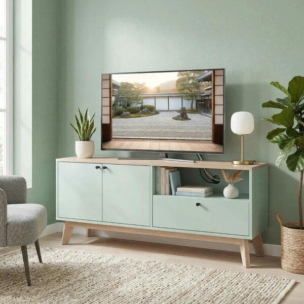 TV Stand Cabinet for Television up to 36 Inch, Modern TV Unit with 2 Doors, Entertainment Center with Adjustable Shelf - Light Green