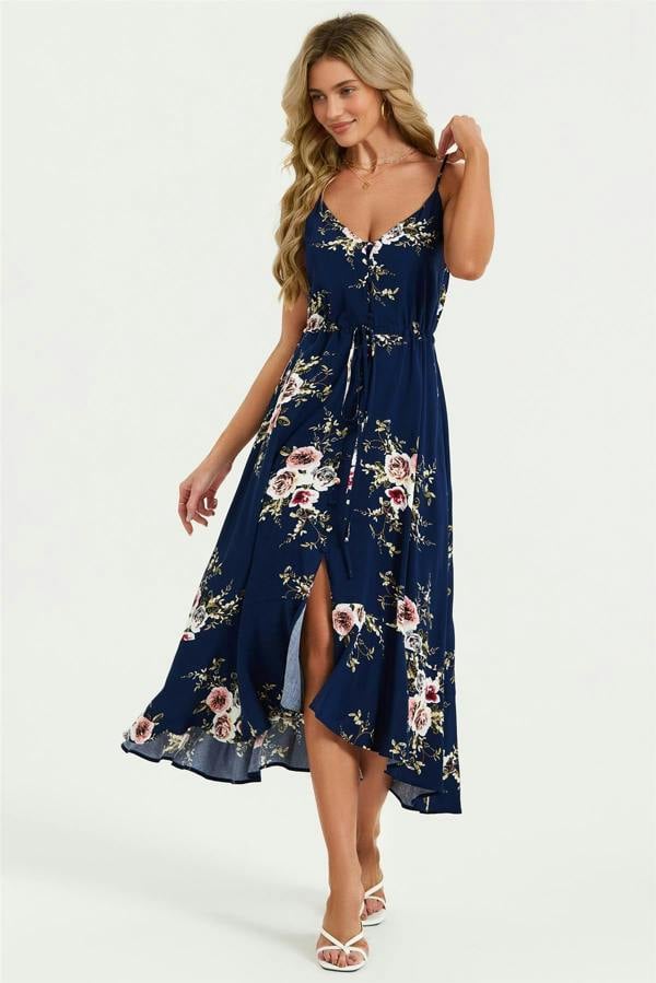 FS Collection Floral Print Button Down High Low Strappy Dress In Navy