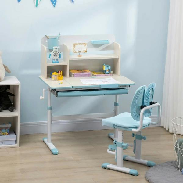 Kids desk and chair set with storage shelves and blue padded chair, white and light blue frame