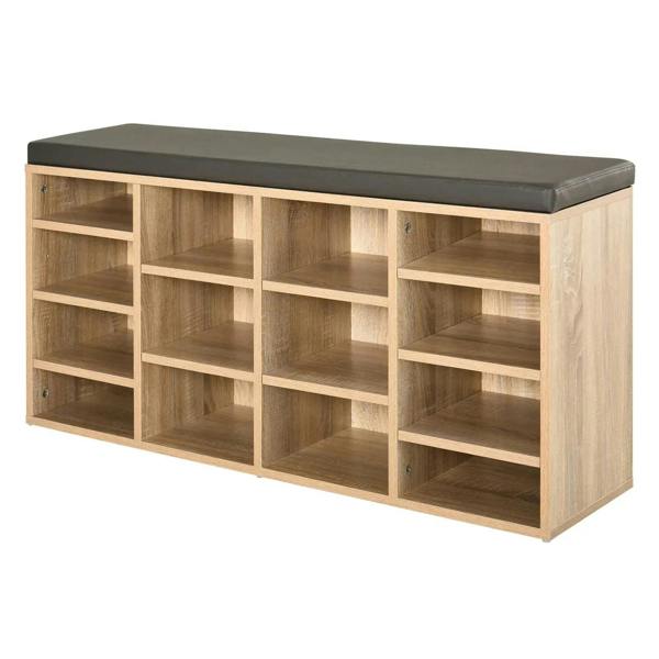 Natural wood shoe rack bench with dark gray cushioned top and 14 open compartments