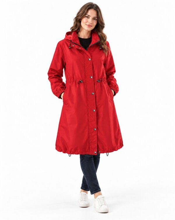 Pia Red Lightweight Raincoat, Water-Repellent, Detachable Hood, Drawstring XL
