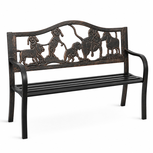 Metal Garden Bench with Cast Iron Puppies Design Back Rest