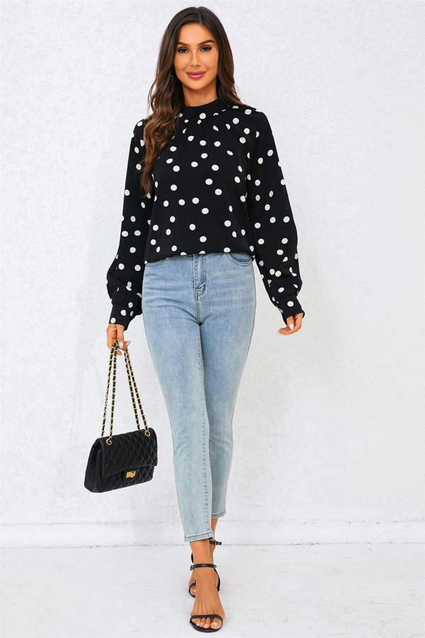 FS Collection Black Dot Print Halter Neck Blouse Top In Black