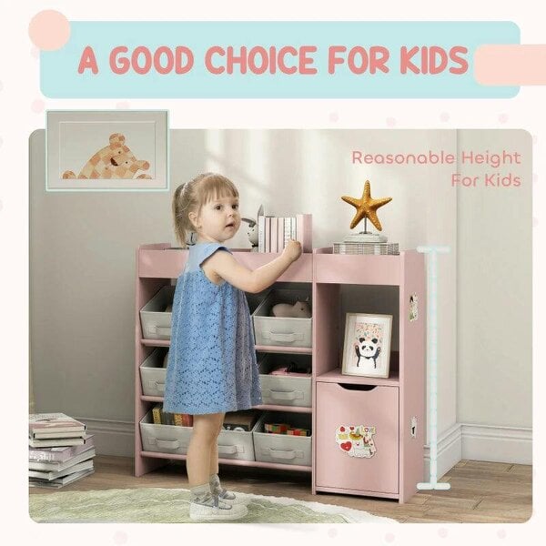 Bobobiy Kids Toy Storage, 9 Removable Fabric Bins, Wooden Toy Storage Units for Toys and Books for Bedroom, Nursery, Pink