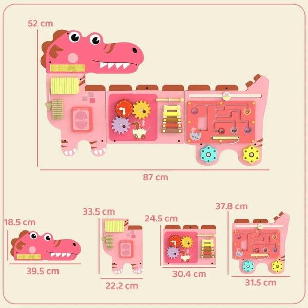 Bobobiy Busy Board Panels, Wall Mounted Montessori Inspired Busy Board, Toddler Learning Centre Dinosaur Theme, Pink