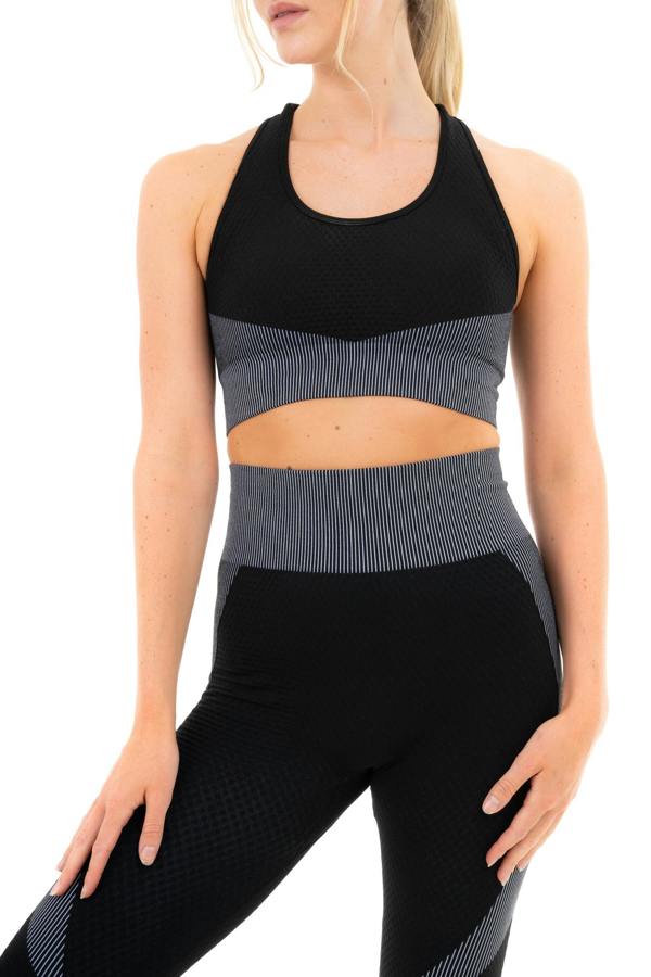 Smart Living Women's Textured Panel Sports Bra with Cross Strap - Black/ Grey