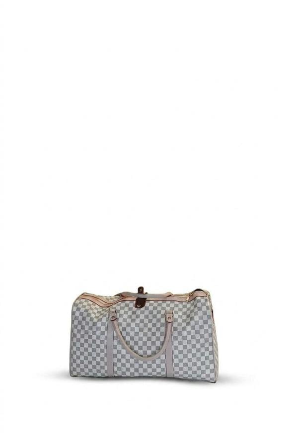Indigo Checked Print Overnight Bag - White_wb