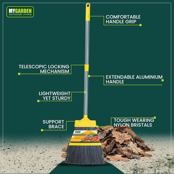 My Garden Outdoor Living Garden Broom 137cm Extendable Outdoor Brush Telescopic Broom Heavy Duty Stiff Brush for Outdoor Sweeping