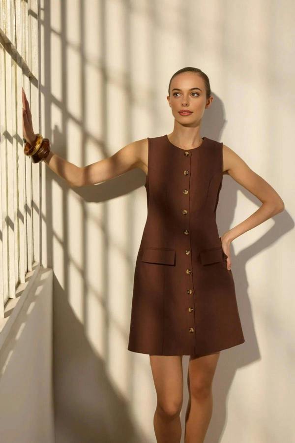 WOVCOR Linen Blend Mini Woven Shirt Dress with Pocket Detail