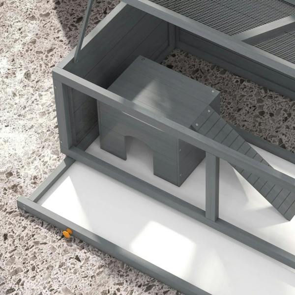 Grey wooden hamster cage ramp and hut detail with internal divider and platform