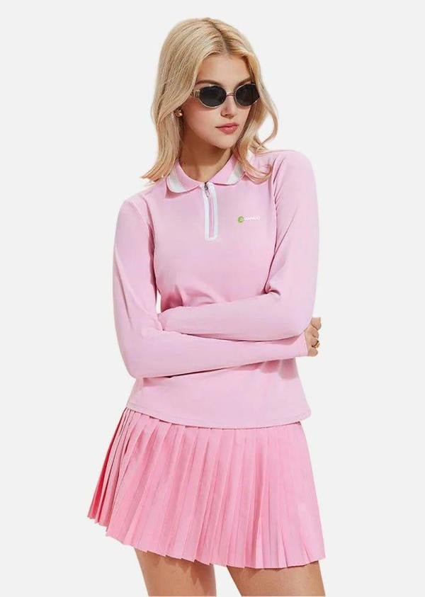 Anniou UPF 50+ Long-Sleeve Polo Pickleball Skirt Set - pink
