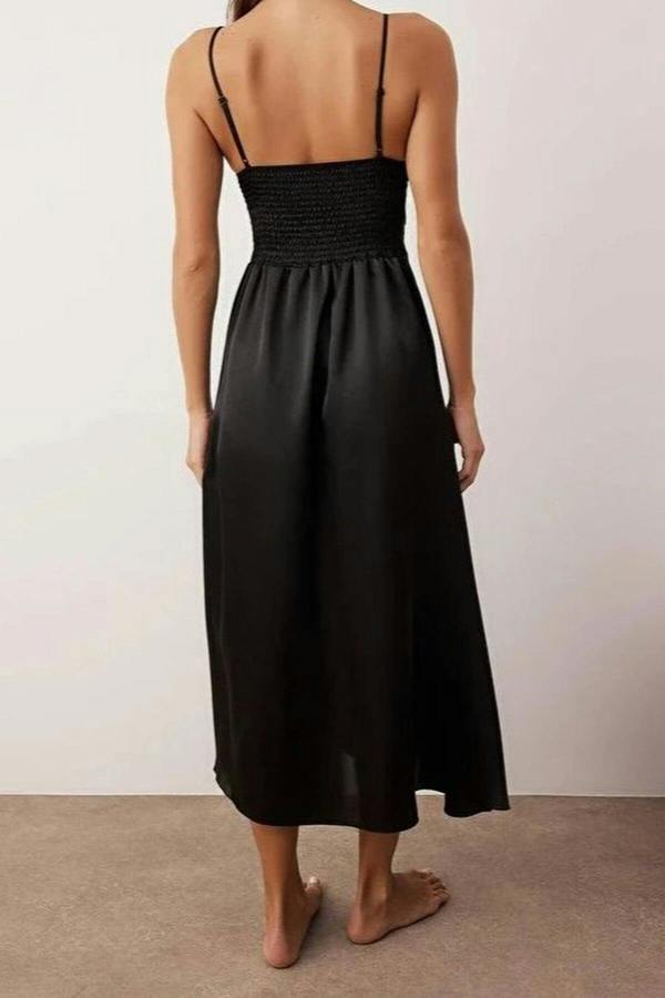 WOVCOR Satin Woven Nightdress with Lace and Slit Detail