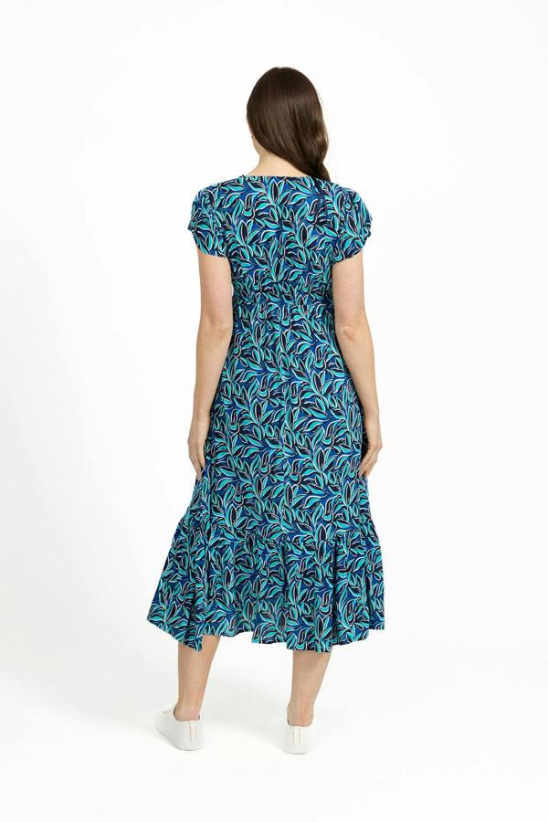 Mudflower Leaf Print Flared Button-Up Midi Dress