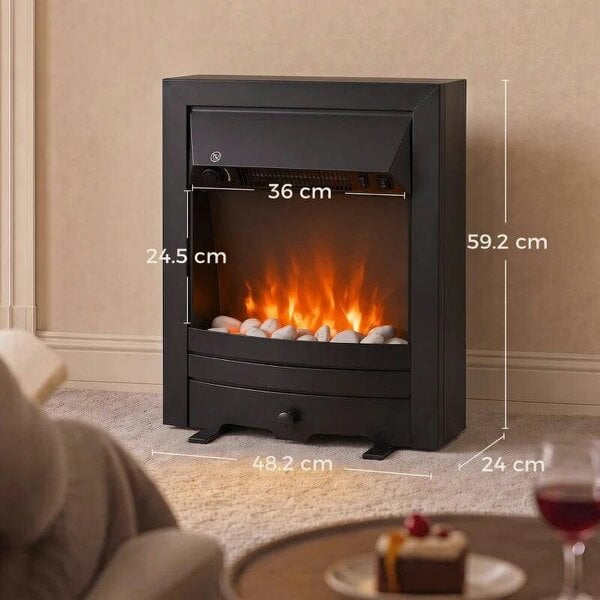 Electric Fireplace Stove Freestanding/Inset, 2000W, Electric Fire with LED Flame, Pebbles, Adjustable Thermostat, Black