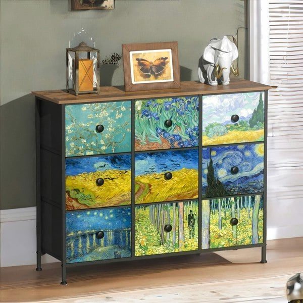 Rafaelo Mobilia 9 Fabric Drawer Bedroom Dresser With Abstract Patterns Storage Organiser Rustic Brown