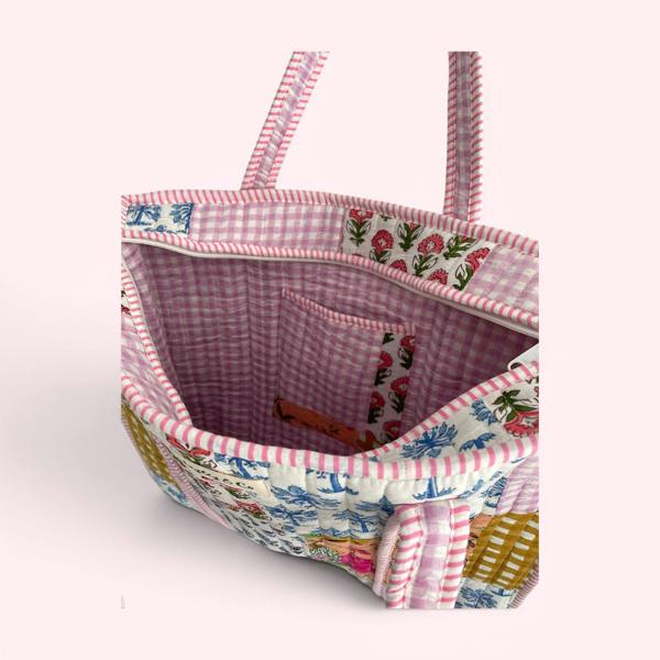 Hayley & Co Cottage Floral Pink and Gingham Quilted Cotton Tote Bag