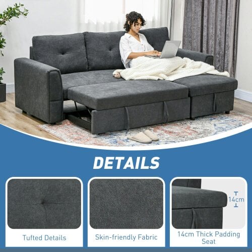 Wyld Haus Moso Dark Grey Fabric 3 Seater Pull Out Sofa Bed With Hidden Storage