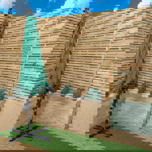 Samuel Alexander Outdoor 4 Person Round Glass Top Garden Dining Table Chairs With Green Banana Lit Parasol and Base Set