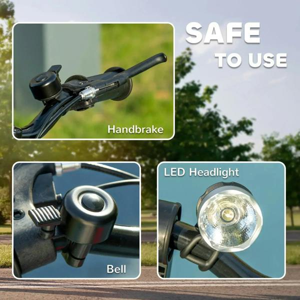 Black scooter handlebar with handbrake lever and illuminated front LED headlight