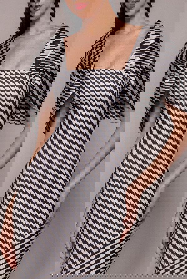 Stripe Off Shoulder Bow Back Satin Bow Maxi Dress - Black White DR5080