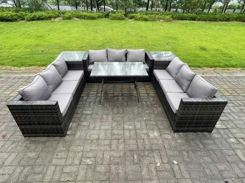 Fimous 9 Seater Rattan Outdoor Furniture Sofa Garden Dining Set with Patio Dining Table 2 Side Tables Dark Grey Mixed