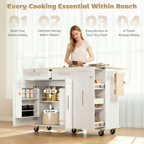 HOMCOM Kitchen Island on Wheels Drop Leaf Pull-out Storage Towel Rack, White