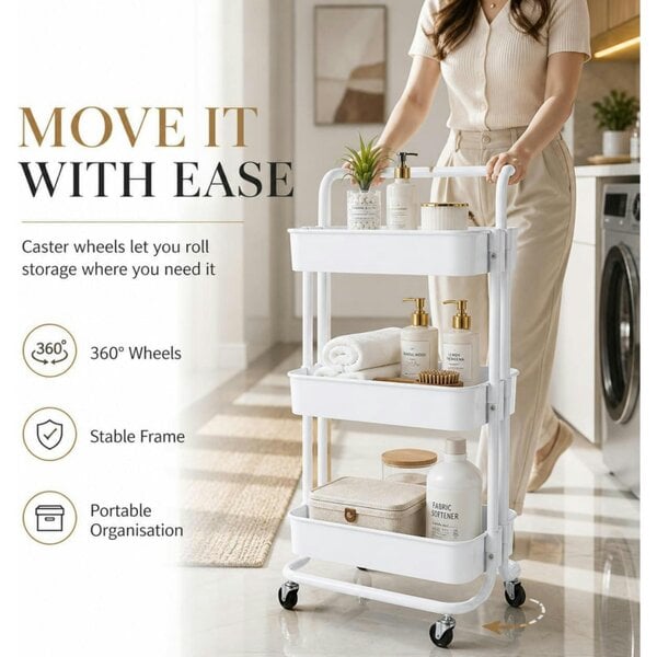 Dyzi 3 Tier Rolling Storage Trolley Utility Organiser with Wheels White