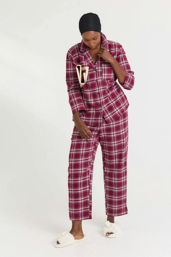 Plaid Long Pyjama Set in Bordeaux - Pajamas