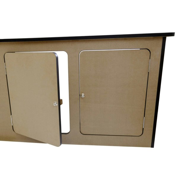 MDF Camper Van Kitchen Unit LHD featuring a sleek design with a black top and two textured, light brown cabinet doors