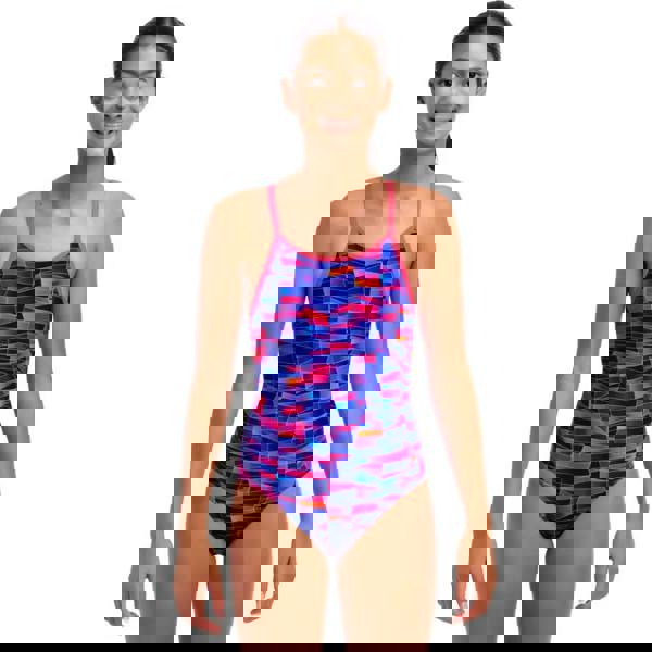 Funkita girls warped waves diamond back swimsuit in blue pink with geometric pattern