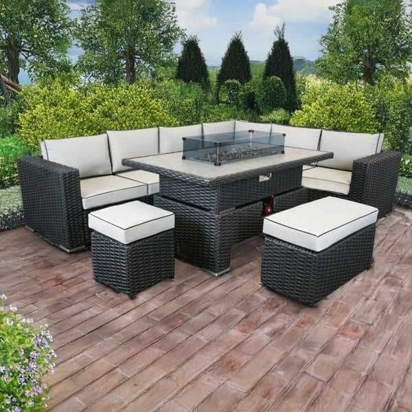 Furnishings For Less L Shaped 9 Seater Black Rattan Patio Set With Fire Pit Table