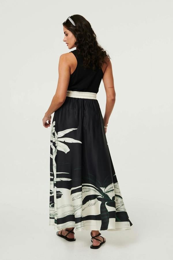 Black | Tropical Print High Waist Maxi Skirt