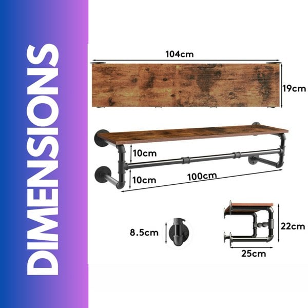 Rafaelo Mobilia Industrial Heavy Duty Pipe Wall-Mounted Floating Shelf With Hanging Rail Brown