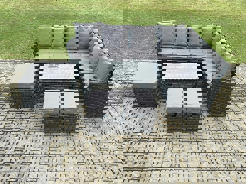 Fimous Rattan Corner Sofa Garden Furniture Set with 3 Footstools Rectangular Coffee Table with Cushion Dark Grey Mixed