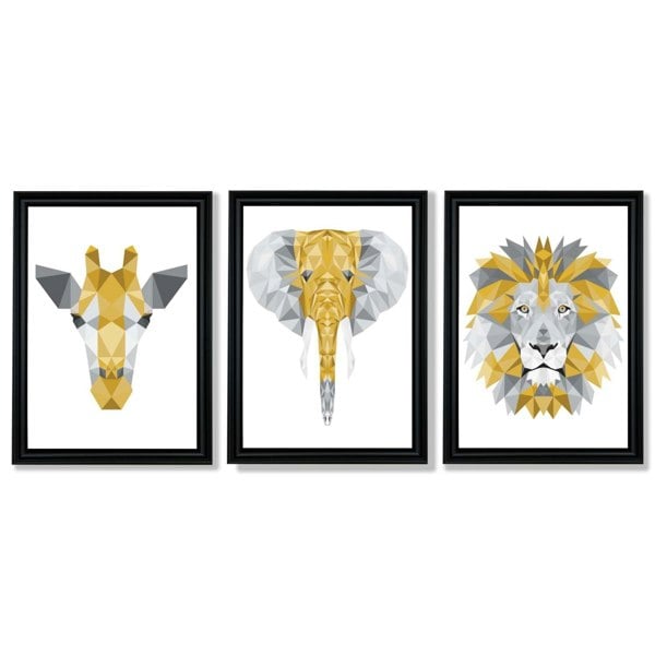 Set of 3 Yellow & Grey Jungle Giraffe Lion Elephant Framed Art Prints with Vermeer Black Frames