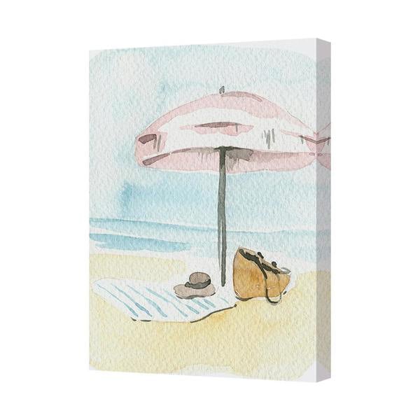 Benjamin Tate Design Watercolor Beach Scene Canvas Print Pink Umbrella By The Sea
