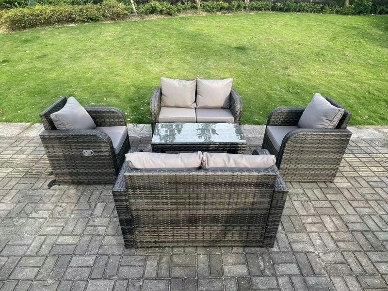 Fimous 6 Seater Dark Grey PE Wicker Rattan Garden Furniture Set Reclining Chair 2 Seater Love Sofa Set Outdoor Rectangular Coffee Table