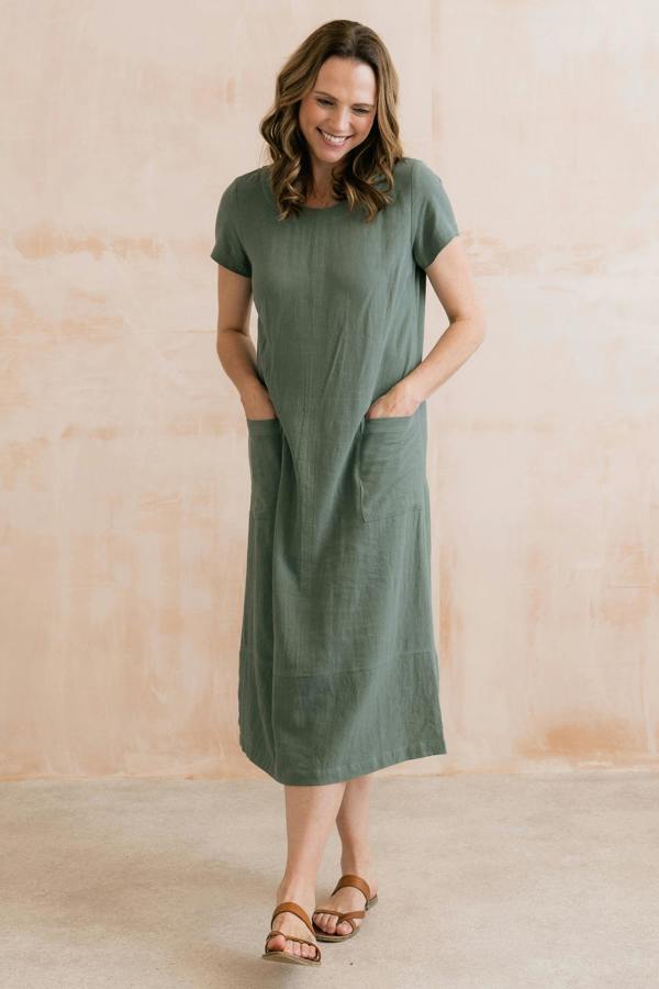Lily & Me Summer Breeze Linen Blend Dress Laurel Green
