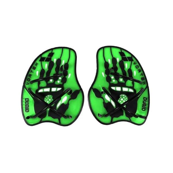 Arena Vortex Evolution hand paddles in acid lime black with textured grip