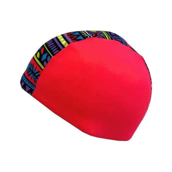 Fashy junior lycra swim cap with red neoprene and colorful geometric pattern