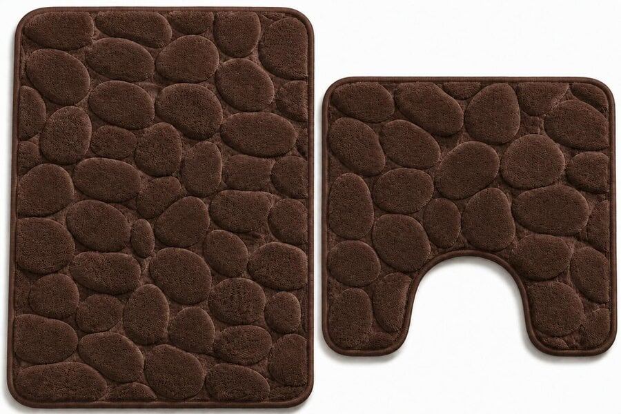 Night Zone Pebble Stone Bath Mat Set – Soft Absorbent Non-Slip Bathroom Rug Set - Chocolate