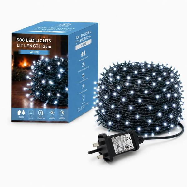 Cool White LED Fairy String Lights with Green Cable, 8 Modes, Memory and Auto Timer image 1