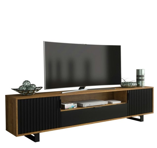 Mex Furniture Milled 200cm TV Unit with Oak Matt Body and Black Milled-Front Doors