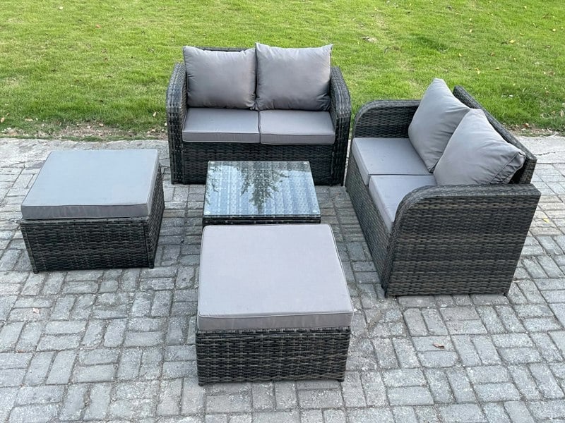 Fimous Rattan Sofa Set Outdoor Garden Furniture Set with Square Coffee Table Loveseat Sofa 2 Big Footstool Dark Grey Mixed