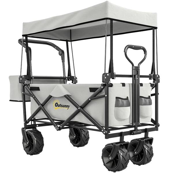 Grey folding wagon cart with overhead canopy, four large wheels, push handle