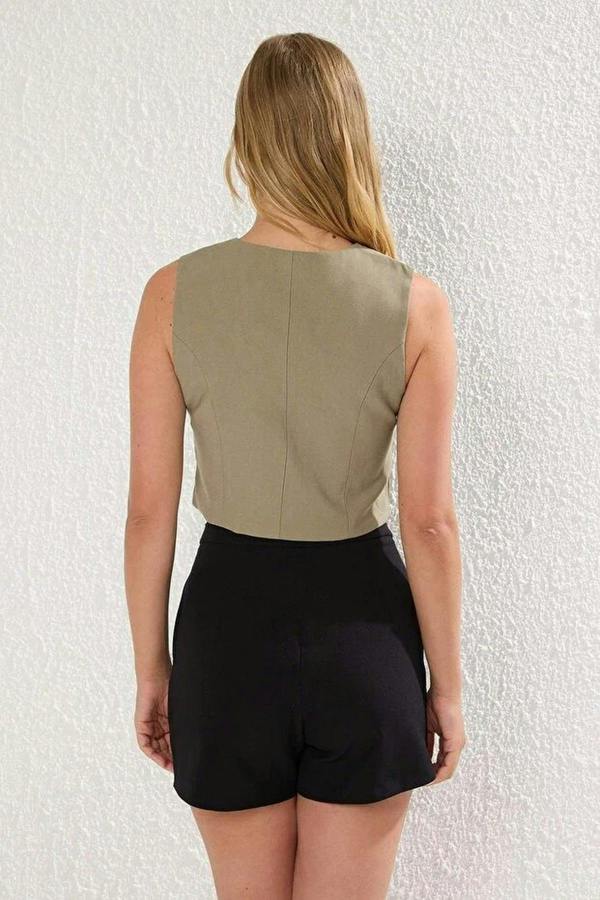 WOVCOR Linen-Look Double-Breasted Crop Vest