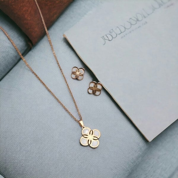 The Colourful Aura White Enamel Minimalistic Clover Pendant Necklace and Earring Set