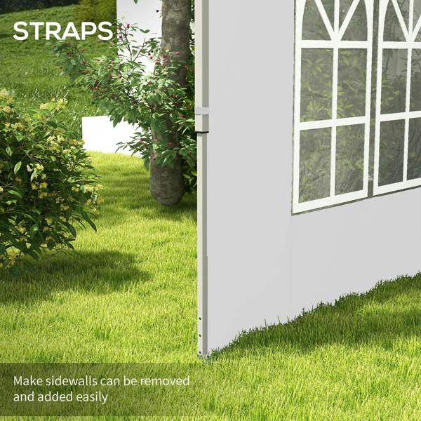 White gazebo side panel with a strap fastening at the lower edge and window panel