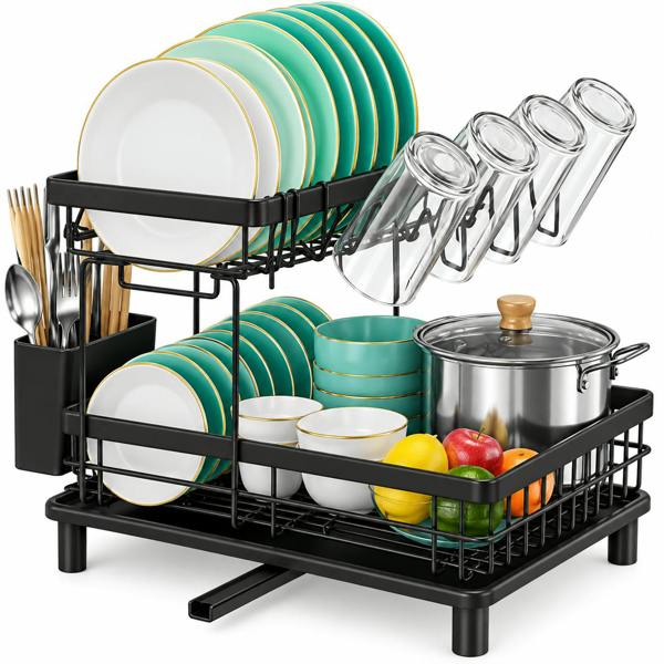 ATEK 2 Tier Dish Drying Rack with Drain Tray, Glass & Cutlery Holder – Black