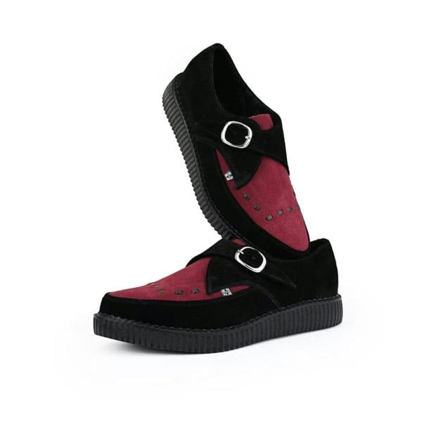 TUK Footwear TUK Pointed Creeper Black Burgundy Suede Monk Buckle Platform Shoes - A9592